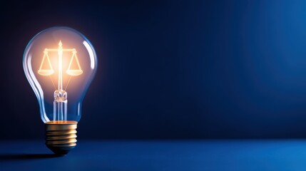 A glowing light bulb featuring a scale symbolizing justice, set against a dark blue background
