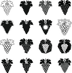 Various black and white grape cluster icons, bunch of grapes illustrations, vineyard fruit designs, wine concept, nature and agriculture.