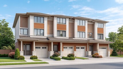 Fototapeta premium Modern residential townhouses with contemporary architecture and landscaped front yards under bright blue sky on a sunny day in suburban neighborhood
