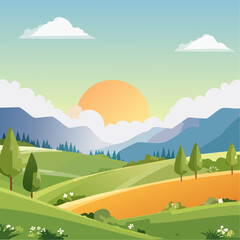 Mountain Landscape Vector — Sun and Blue Sky Scenic Illustration