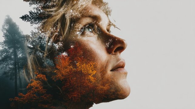 Harmonious blend: Woman's face interweaving with serene autumn landscapes