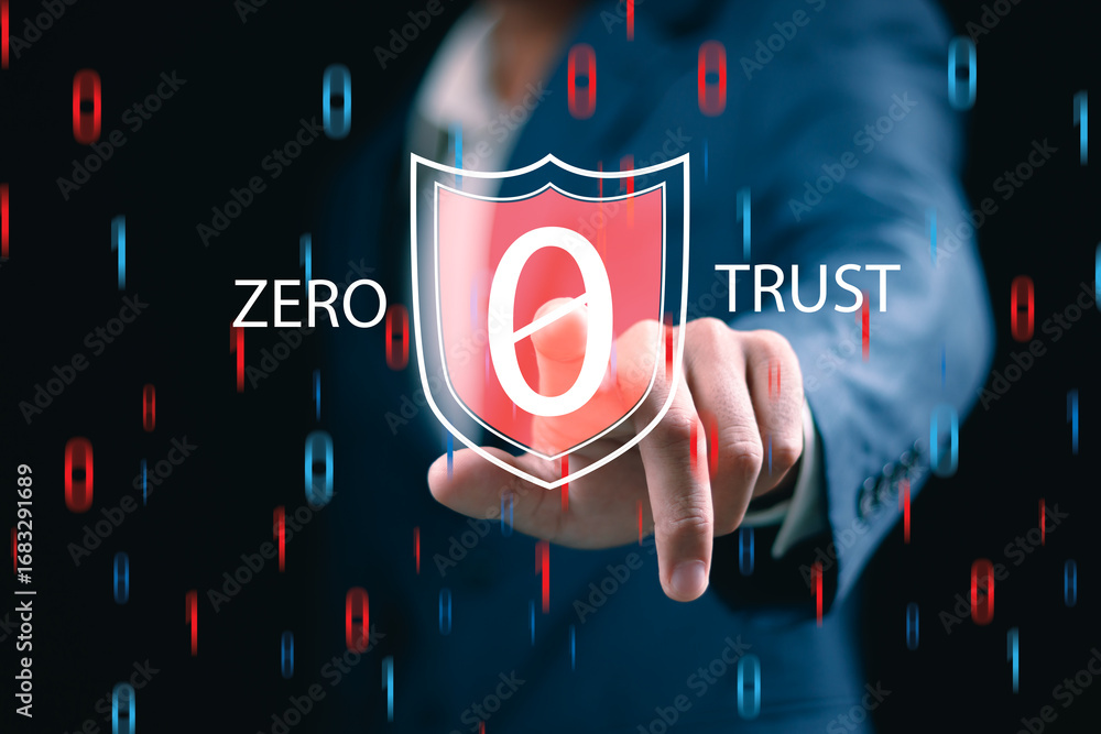 Poster businessman touching zero trust icon for business information security network. zero trust security 