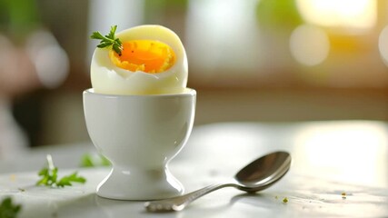 Halved boiled egg in white egg cup with spoon and parsley close up - Powered by Adobe