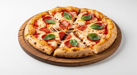 Delicious pepperoni pizza with basil on a wooden board on white background