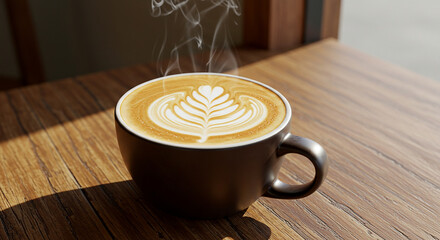 A steaming cup of fresh latte with beautiful rosetta art on a wooden table in the morning sunlight