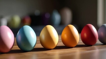 Row of colorful easter eggs on a wooden surface with soft lighting - Powered by Adobe