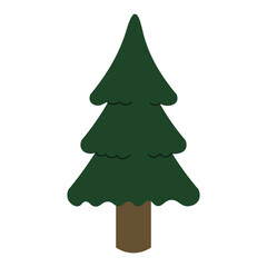 Flat style illustration of a dark green Christmas tree with a brown trunk, perfect for winter holidays, festive greeting cards, and seasonal decorations
