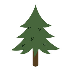 Flat style illustration of a classic pine tree with simple needle details and brown trunk, ideal for nature designs, forest scenes, and winter holiday decorations
