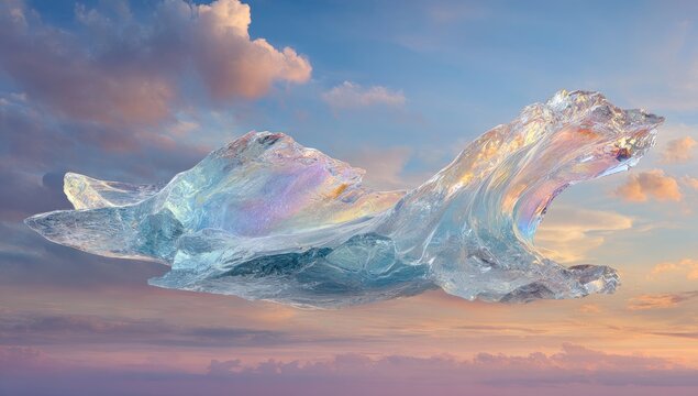 Floating ice crystal, iridescent, against a sunrise/sunset sky