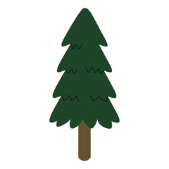 Flat style illustration of a dark evergreen tree with layered pointed branches and a brown trunk, perfect for seasonal designs, forest elements, and holiday-themed artwork