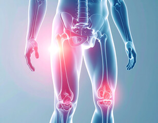 Transparent human figure hip and knee pain osteoarthritis render highlighting joint inflammation