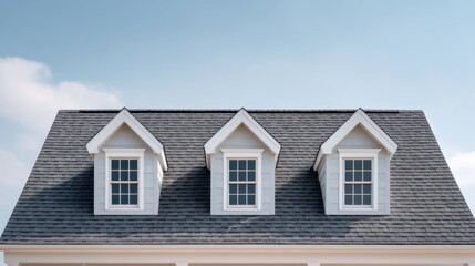 Charming Residential Roof with Three Modern Dormer Windows Against a Bright Blue Sky in a Clear Day