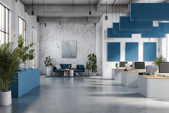 Modern Open-Plan Office with Blue Acoustic Panels and Concrete Walls.
