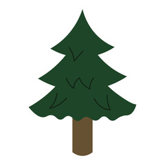 Flat style illustration of a stylized dark green pine tree with wide curved branches and brown trunk, ideal for holiday cards, forest themes, and seasonal decorations
