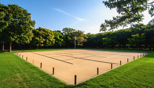 Tennis court in a park surrounded by greenery with copy space for text in a tranquil outdoor setting without people