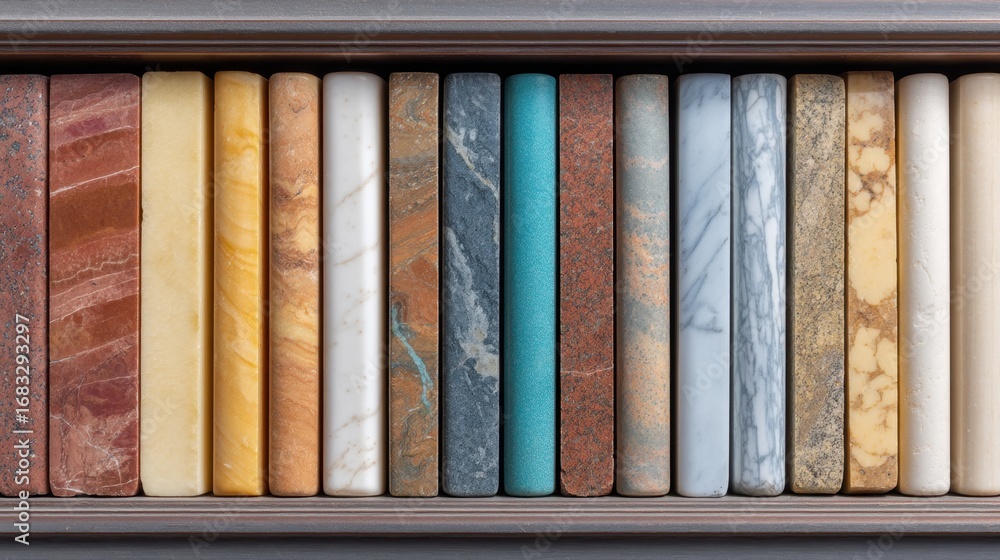 Poster colorful collection of polished stone samples displayed in a neatly arranged row showcasing variety 