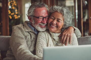 Senior Caucasian couple with gray hair, smiling and embracing while sitting on a couch, using a laptop in a cozy living room with holiday decorations.
