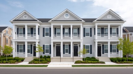 Fototapeta premium Modern townhouses with porch, green landscape, sunny sky, contemporary residential architecture, suburban living, fresh neighborhood appeal, with trees and pathway