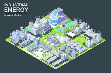 Cartoon Color Industrial Energy Building Composition on Platform Concept 3d Isometric View . Vector illustration of Power Grid Control Center, Thermal Power Plant and Others