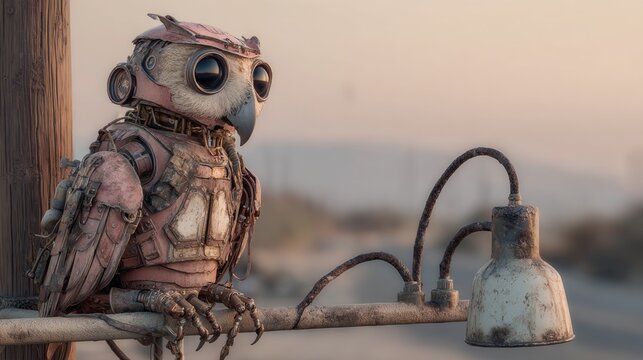 Mechanical avian sentinel perched on aged lamp post in desolate expanse