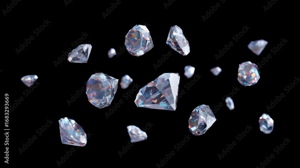 Poster sparkling diamonds in motion floating against a black background displaying various cuts reflecting 