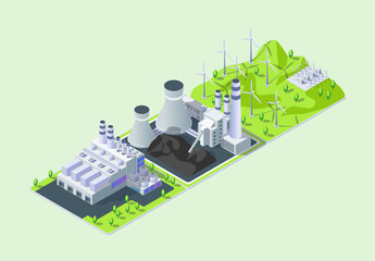 Cartoon Color Windmill, Coal and Garbage Power Plant Industrial Energy Building Concept 3d Isometric View. Vector illustration