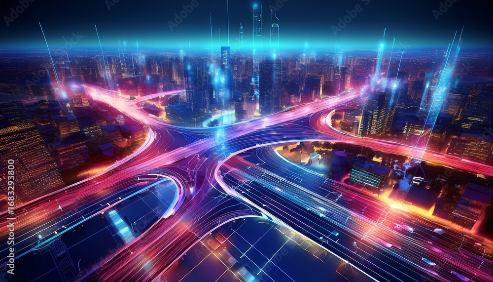 Poster futuristic intersection illuminated by vibrant smart lights showcasing autonomous vehicles communica