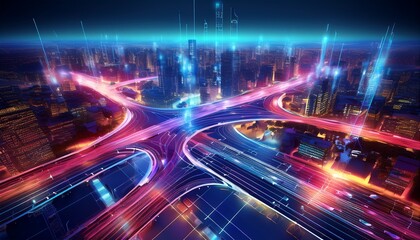 futuristic intersection illuminated by vibrant smart lights showcasing autonomous vehicles communicating with each other and the infrastructure in a high tech digitally advanced urban landscape