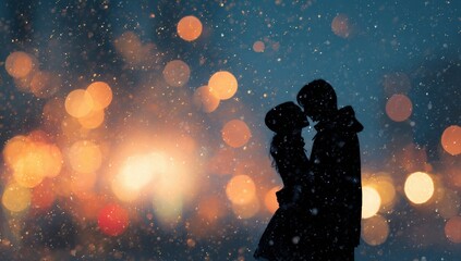 Silhouettes of a couple kissing under a snowy night