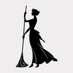Cleaning Person Broom Drawing Graphic Element, Lady Cleaning Person Icon Black Symbol Silhouette Graphic Design
