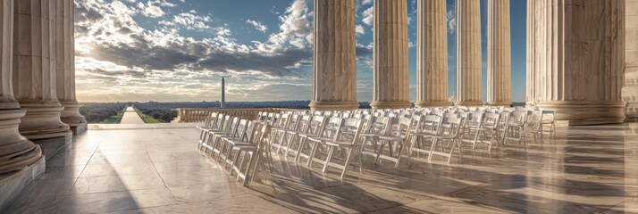 Grand colonnaded hall with rows of white chairs, city view