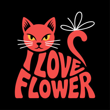 Red cat with flower and the words i love flower