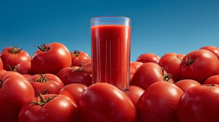 Tomato juice glass among dewy tomatoes, symbolizing La Tomatina festival zest and tomato harvest bounty under azure skies