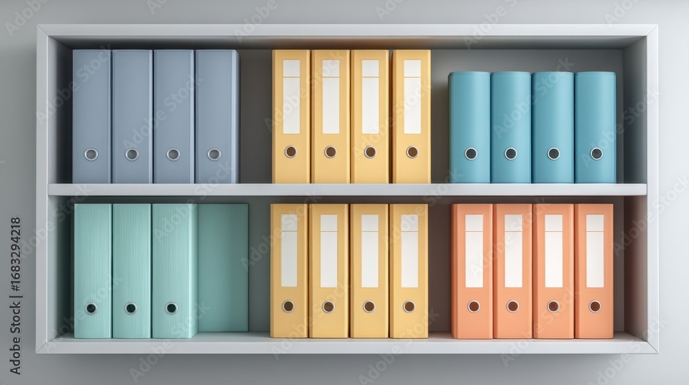 Poster organized office shelving unit with colorful document folders in a modern workspace setting for effi