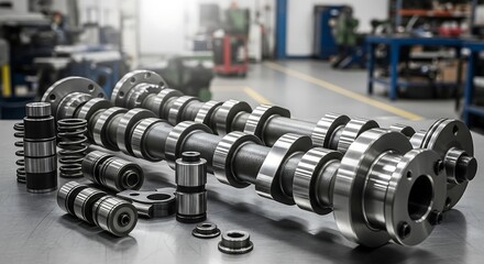 Fototapeta premium Close-up of precision-engineered steel camshafts and engine parts on a