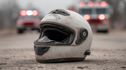 Close-Up of Abandoned Motorcycle Helmet on Roadside with Emergency Vehicles in Background, Evoking Safety and Caution in Outdoor Environment