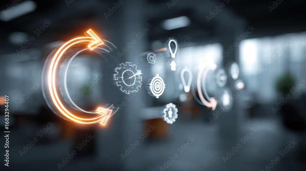 Poster process automation: a vivid display of glowing digital icons illustrates streamlined operational sys