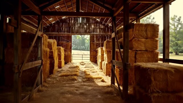 A rustic barn interior with hay bales and sunlight filtering through the wooden beams.