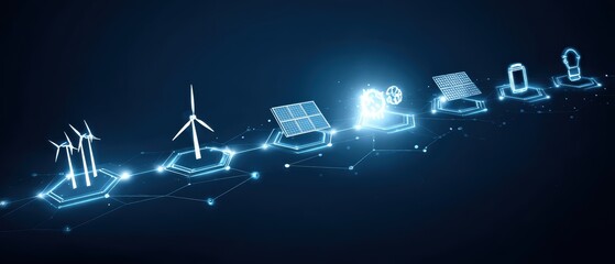 Naklejka premium Powering the Future: An artistically rendered representation showcases the evolution of green energy sources, including wind turbines and solar panels, offering a glimpse into a sustainable.