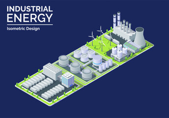 Cartoon Color Combined Energy Sources Power Plant, Tank Farm and Powerwall Industrial Energy Building Concept 3d Isometric View. Vector illustration