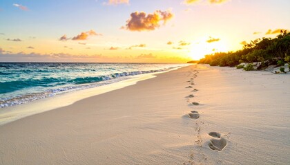 Footprints on Sandy Beach at Sunset