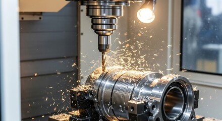 Close-up of a CNC milling machine cutting metal with sparks flying