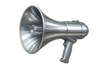 Chrome megaphone making an announcement on a transparent background, ideal for communication and marketing concepts