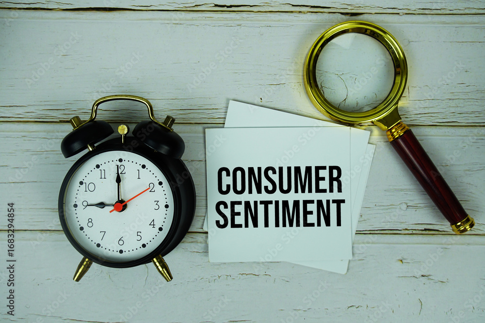 Poster consumer sentiment text with alarm clock and magnifying glass on wooden background