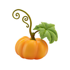 Isolated orange pumpkin with green leaf and curly stem on black background