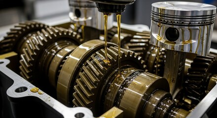 Close-up of engine pistons and gears being lubricated with golden oil