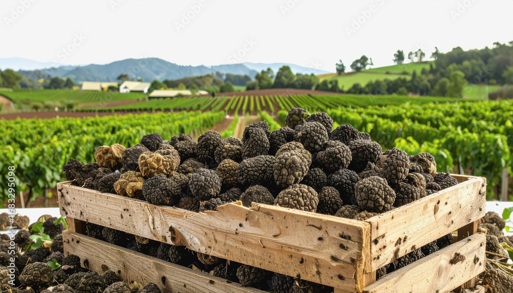 Poster a crate filled with fresh mulberries harvested from a truffle farm with copy space for text on isola