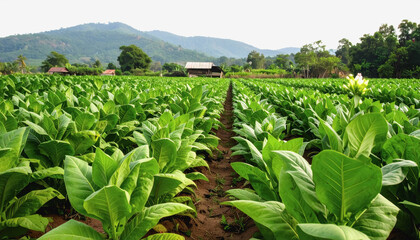 Expansive field of vintage tobacco plants under a clear sky with copy space for text on isolated background