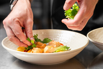 Chef hands garnishing stuffed pasta with fresh parsley in a white bowl. Close-up in professional kitchen. Culinary plating, gourmet presentation, food styling concept
