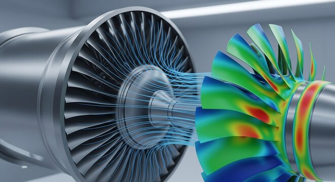 Close-up of a jet engine turbine with airflow simulation data